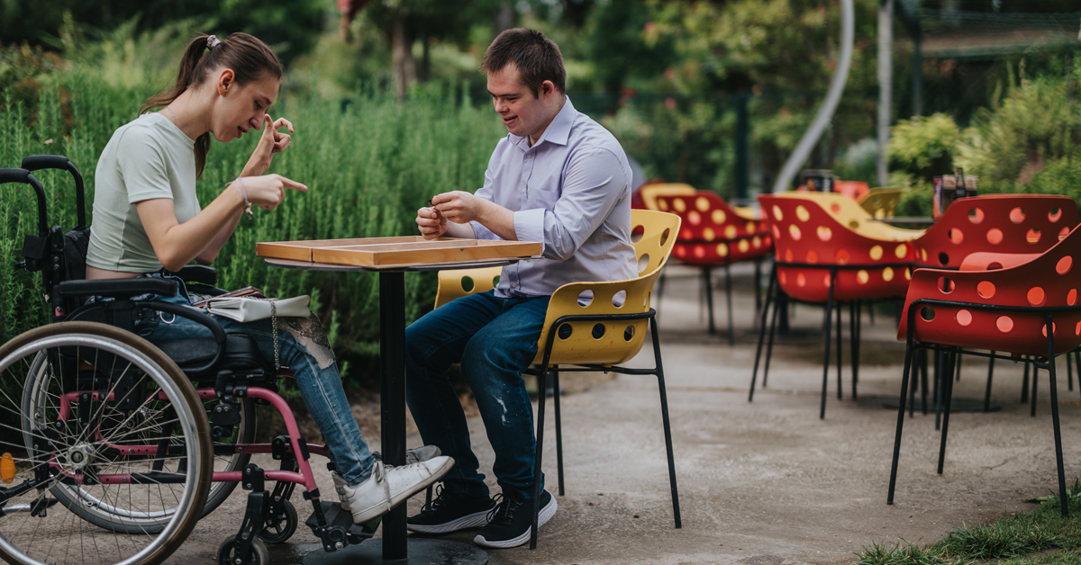 Two people sit outside in a courtyard playing a board game.